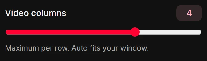 The popup's Video columns slider, set from Auto to 6.