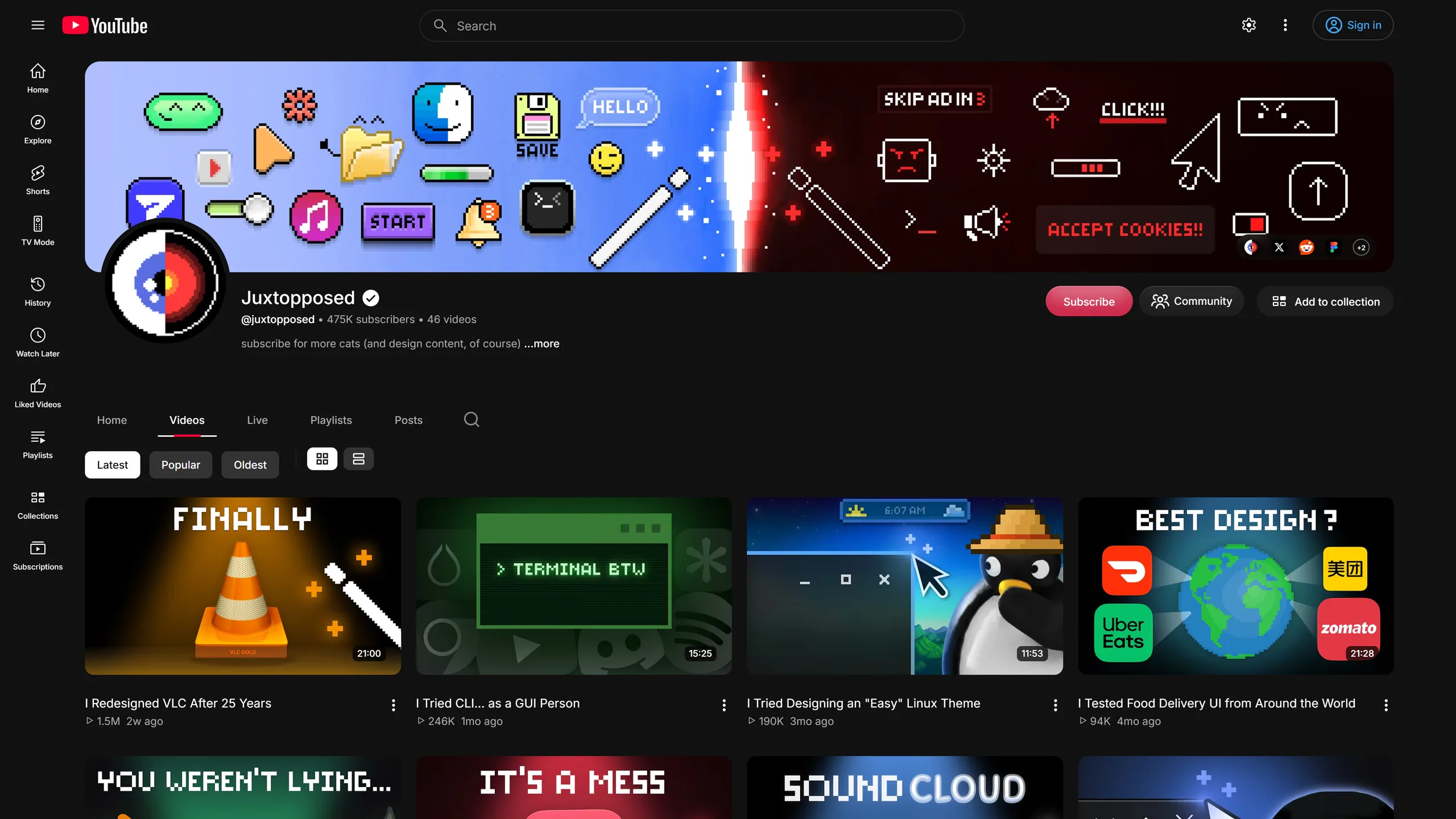 The same channel with Reframe: a wide rounded banner, Subscribe, Community and Add to collection buttons, then larger video thumbnails with sort and view controls. The sidebar is folded to an icon rail.