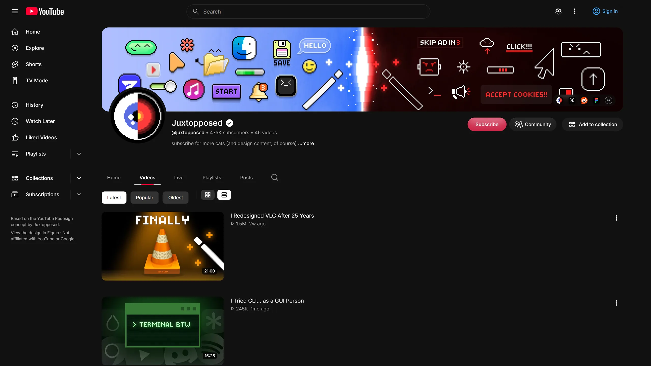 The same channel's videos as a list of wide rows.