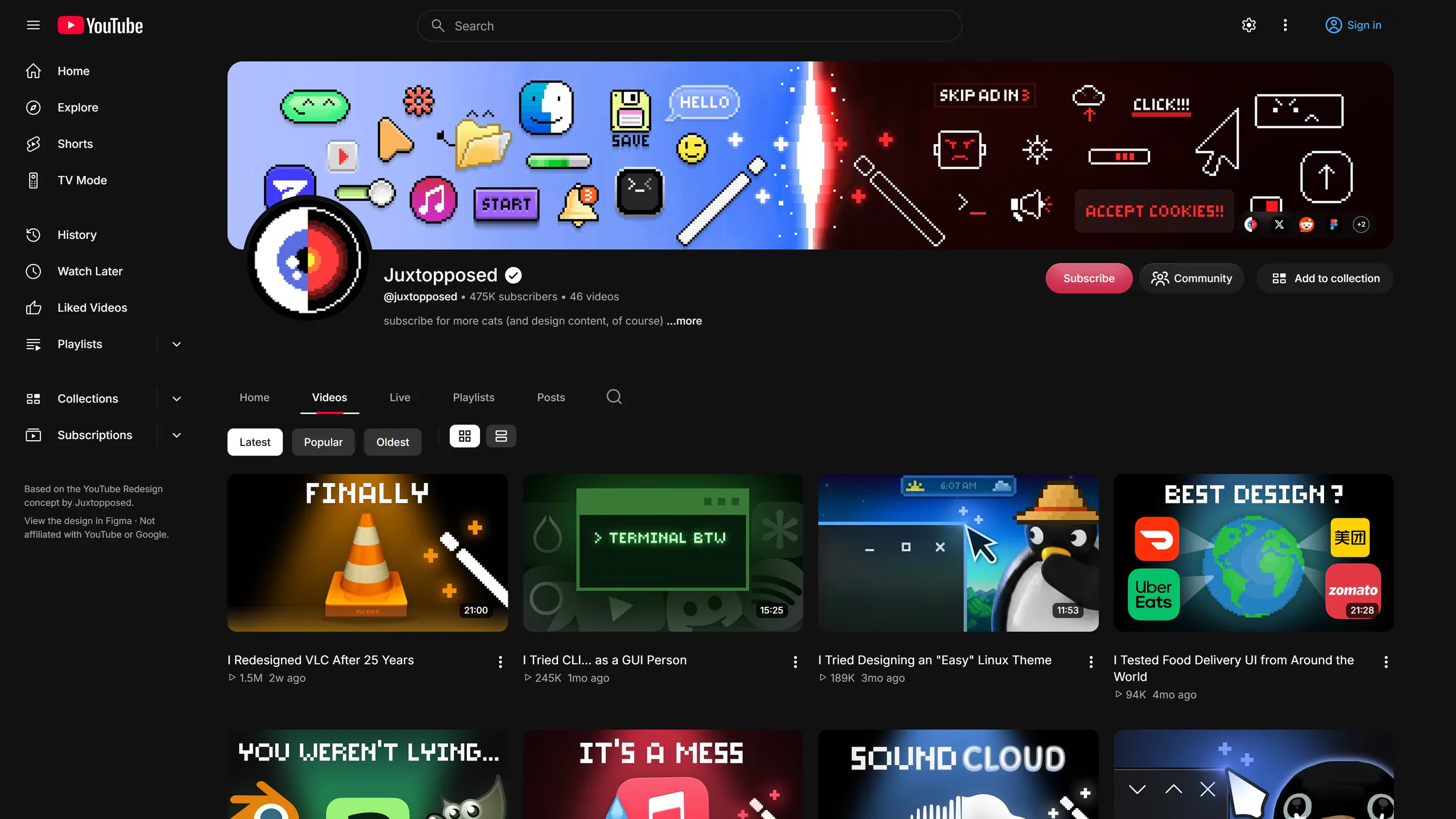 Juxtopposed's channel in Reframe with the Videos tab as a grid, under Latest, Popular and Oldest sorts and a grid/list toggle.