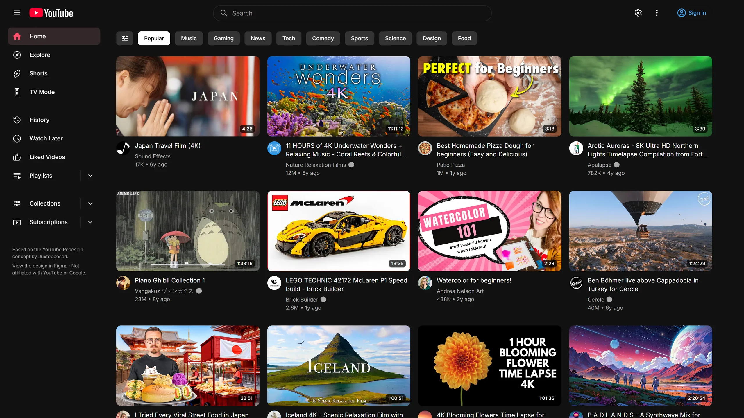 Reframe's Home page: a sidebar with Home, Explore, Shorts, TV Mode, Watch Later and Collections, topic chips along the top and a roomy grid of large video thumbnails.