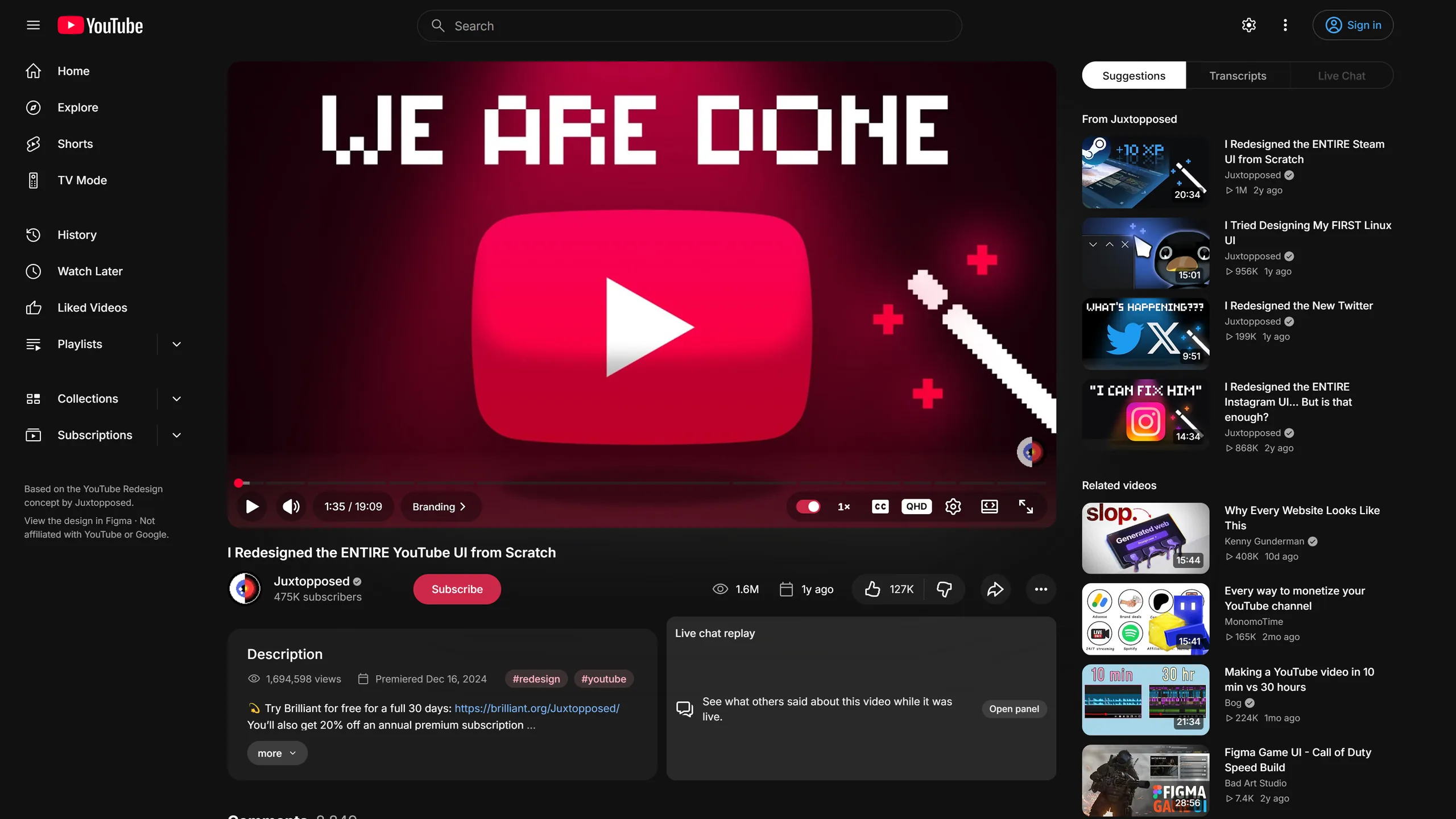 A Reframe watch page with everything showing: the sidebar, the player, the description under it, live chat replay, comments and Suggestions on the right.