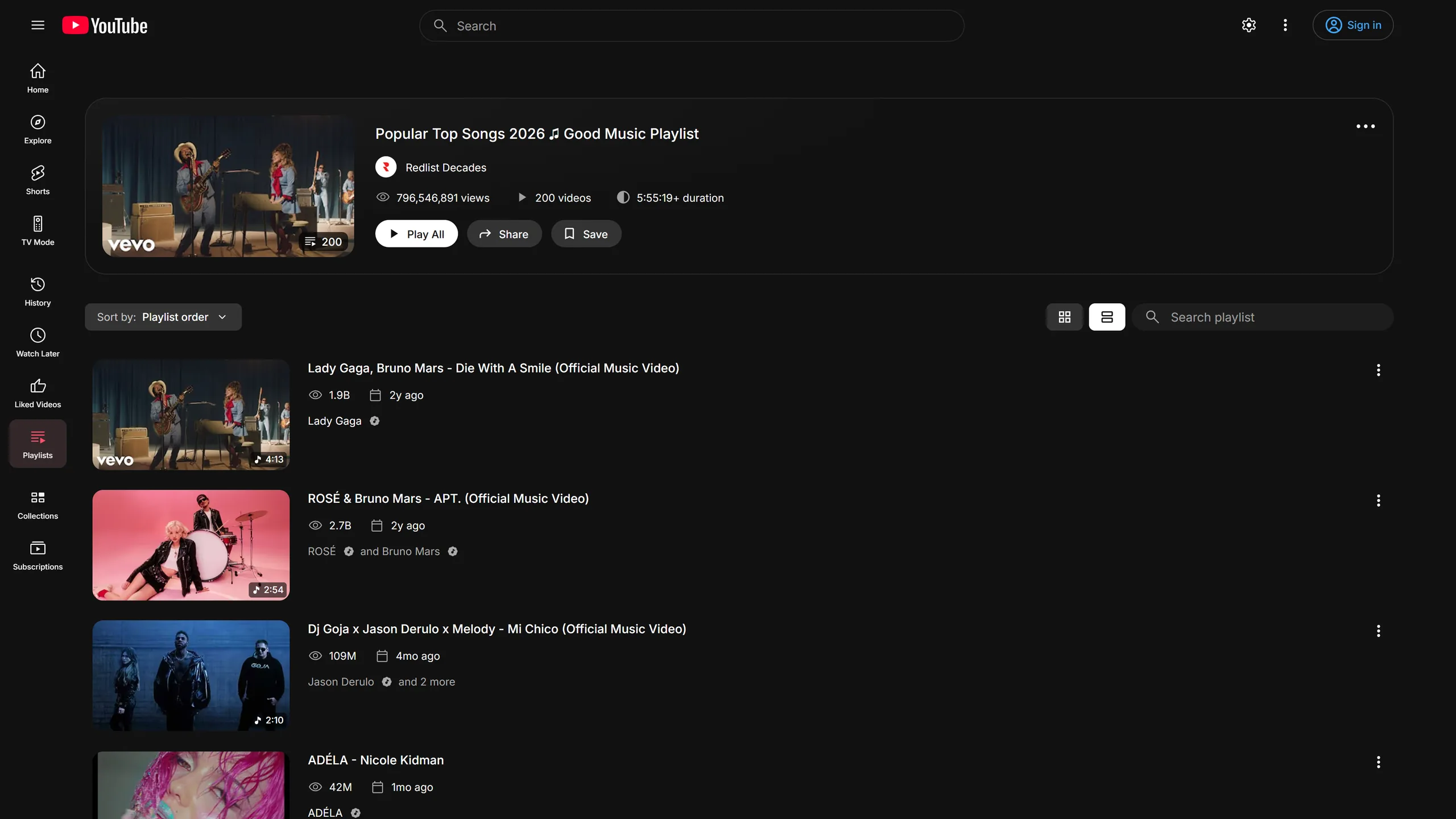 The same playlist with Reframe: a wide header with Play all, then Sort by, the grid/list toggle and playlist search above a roomy list. The sidebar is folded to an icon rail.