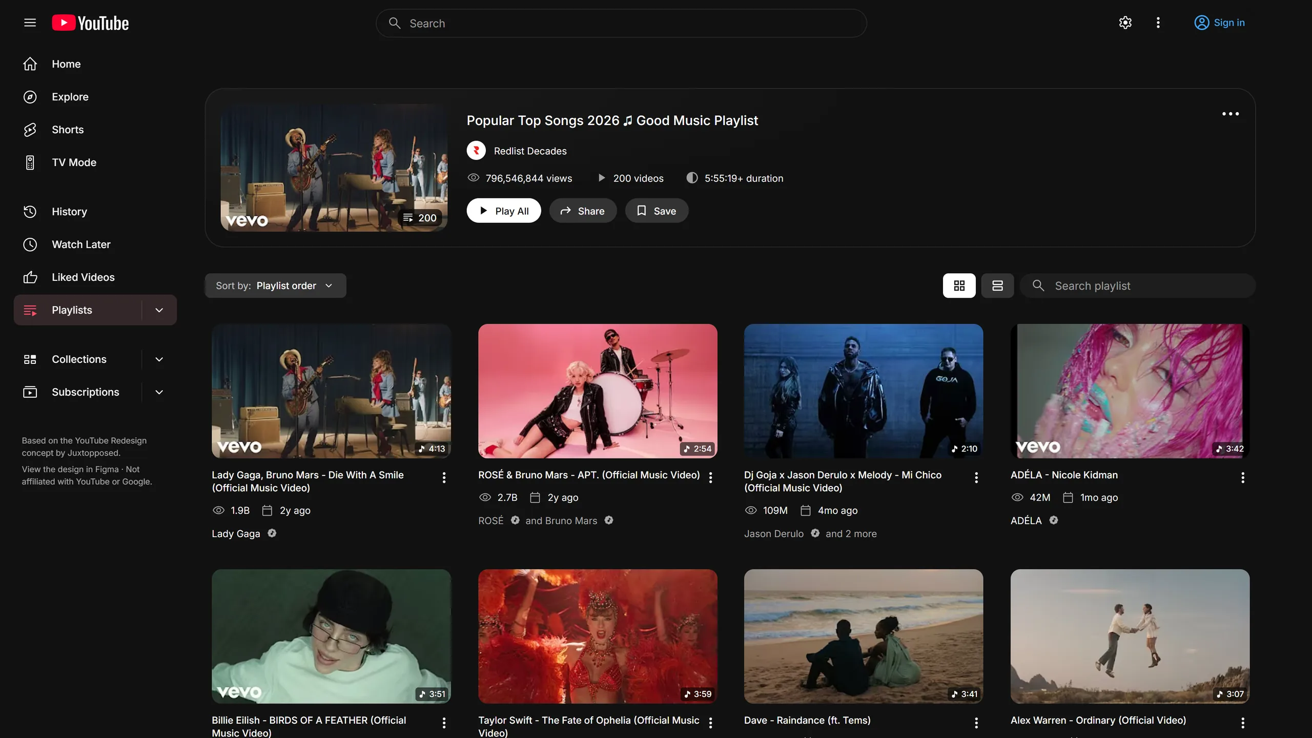 A playlist as a grid of thumbnails under the playlist header, with Sort by, the grid/list toggle and playlist search above.