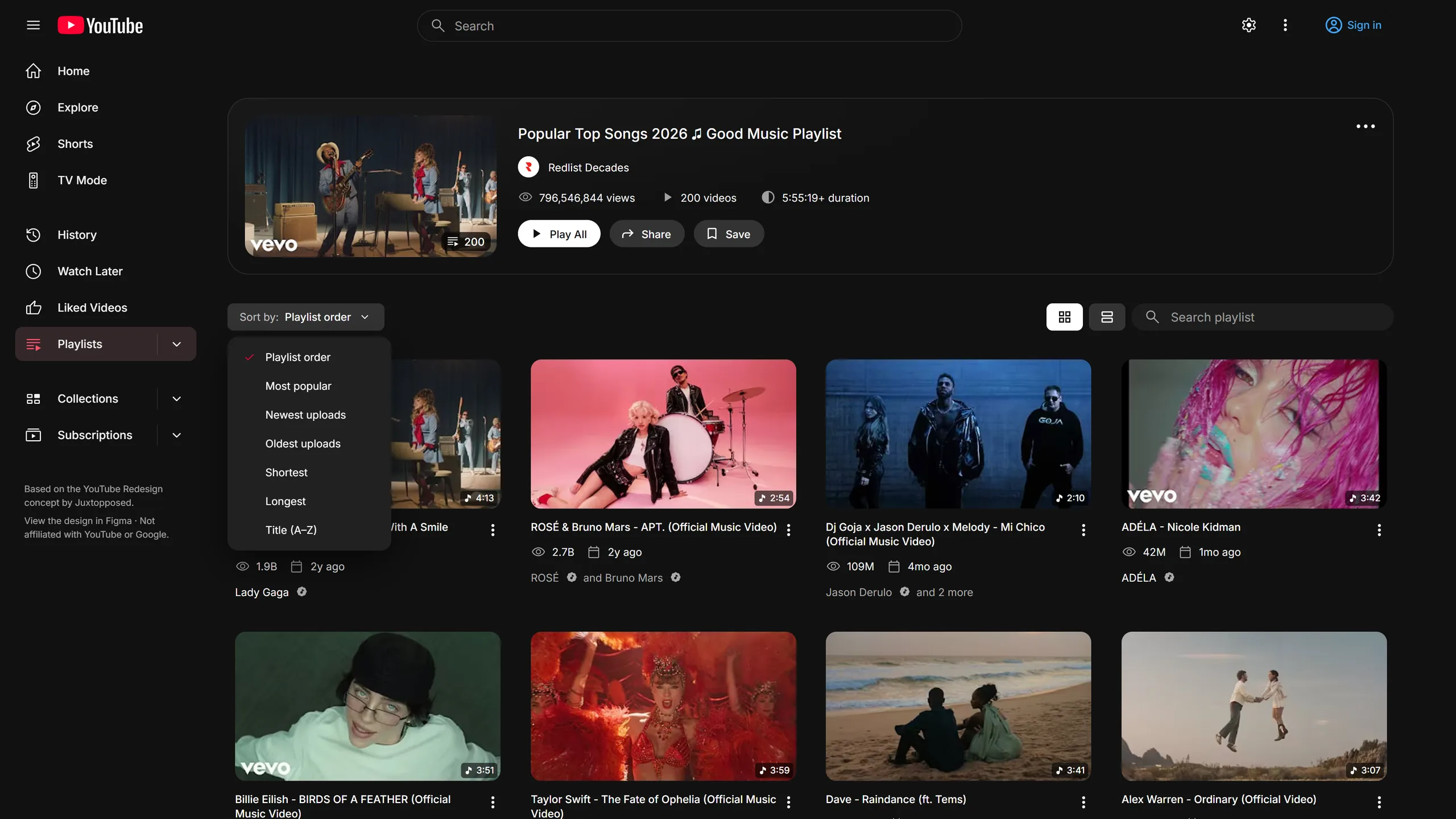 A playlist's Sort by menu open, listing Playlist order, Most popular, Newest uploads, Oldest uploads, Shortest, Longest and Title (A–Z), over a grid of videos.