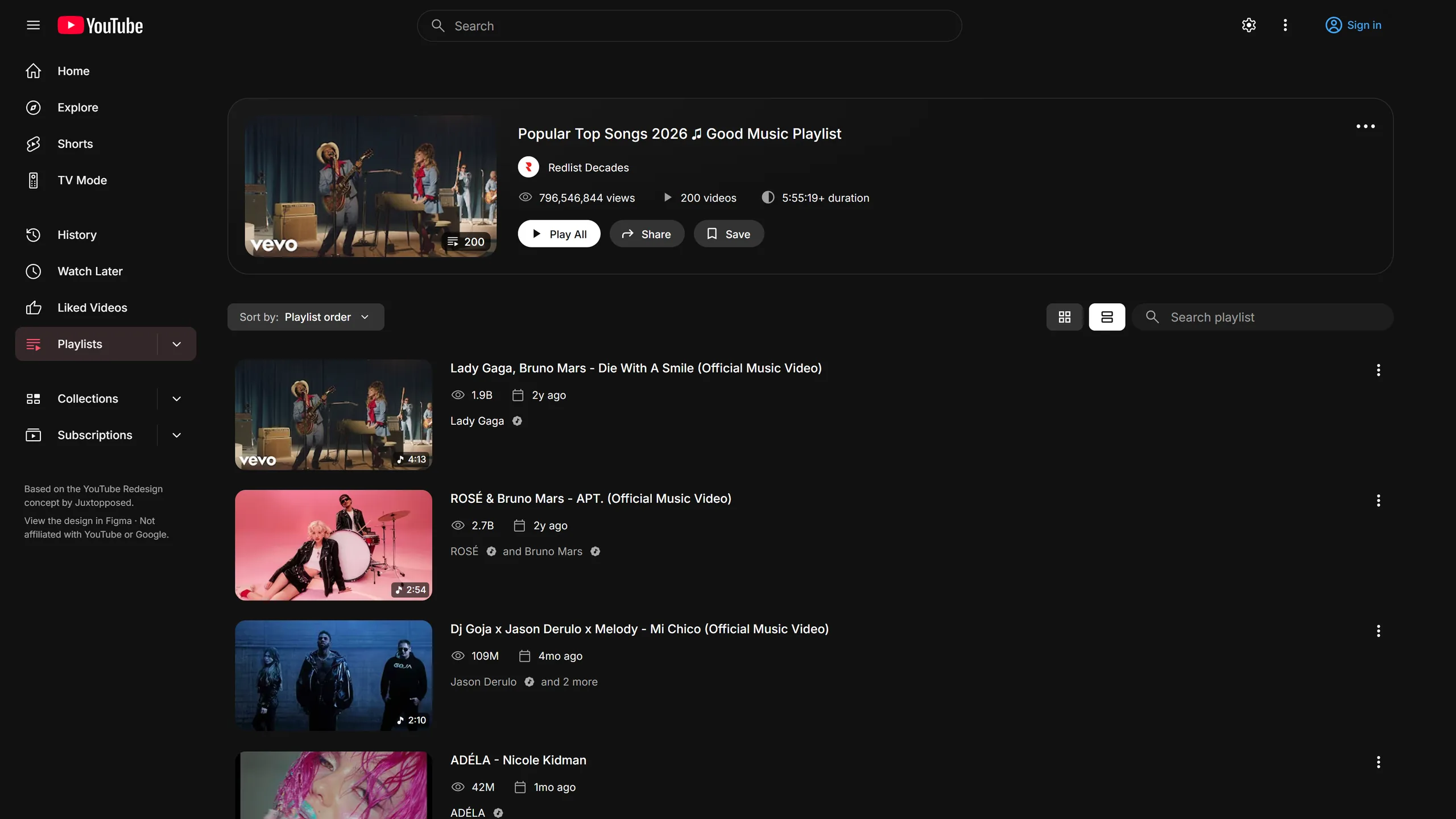 The same playlist as a list: one row per video with its thumbnail, title, views and age.