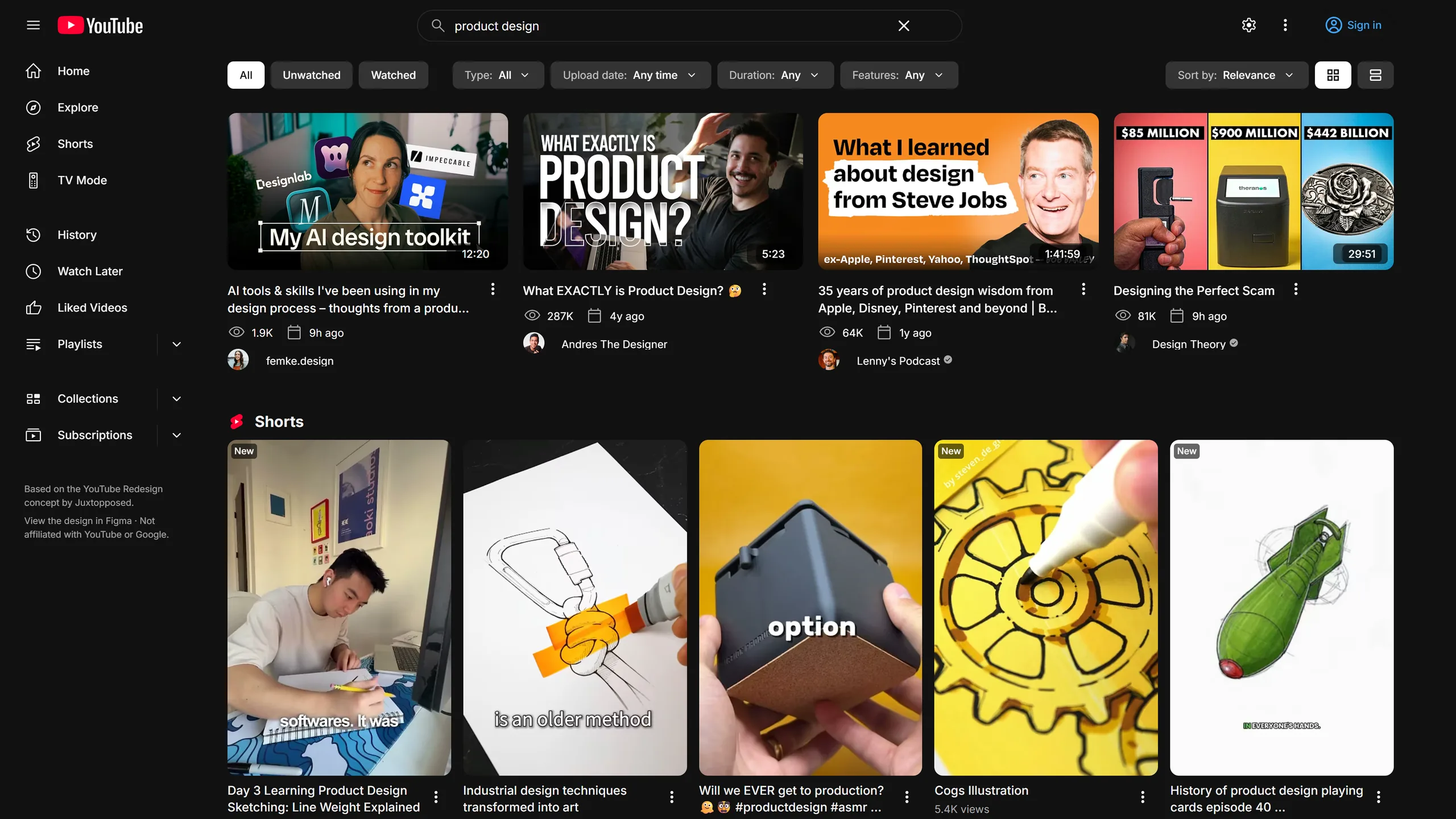 The same search as a grid of thumbnails, with a Shorts shelf below and the filters still visible.