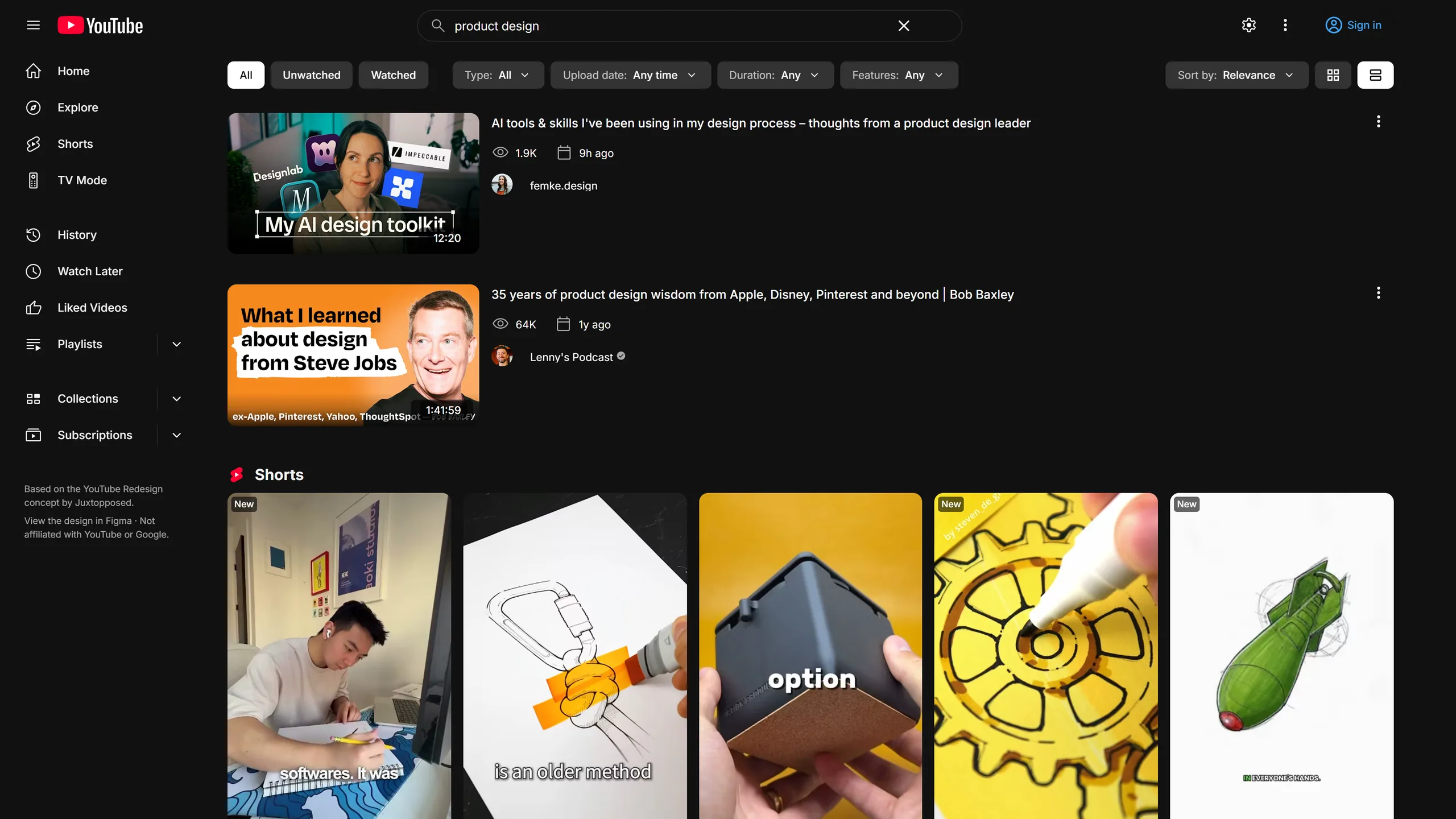 Search results for 'product design' as a list, with the All, Unwatched, Watched, Type, Upload date, Duration and Features filters and a grid/list toggle above.