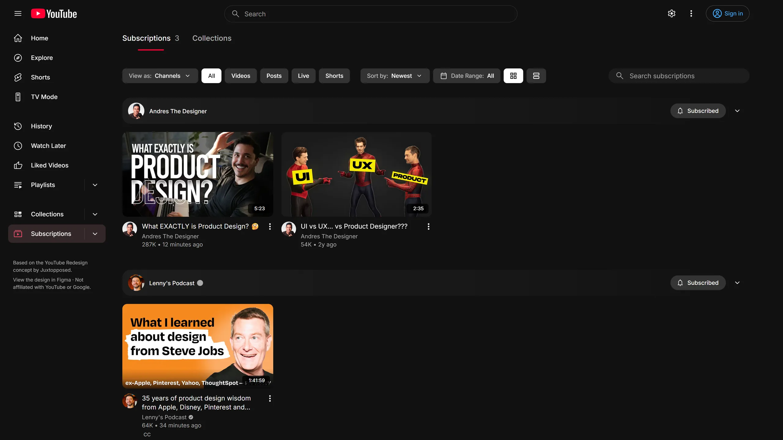 By channel: each channel's name with its recent uploads beside it and a Subscribed button.