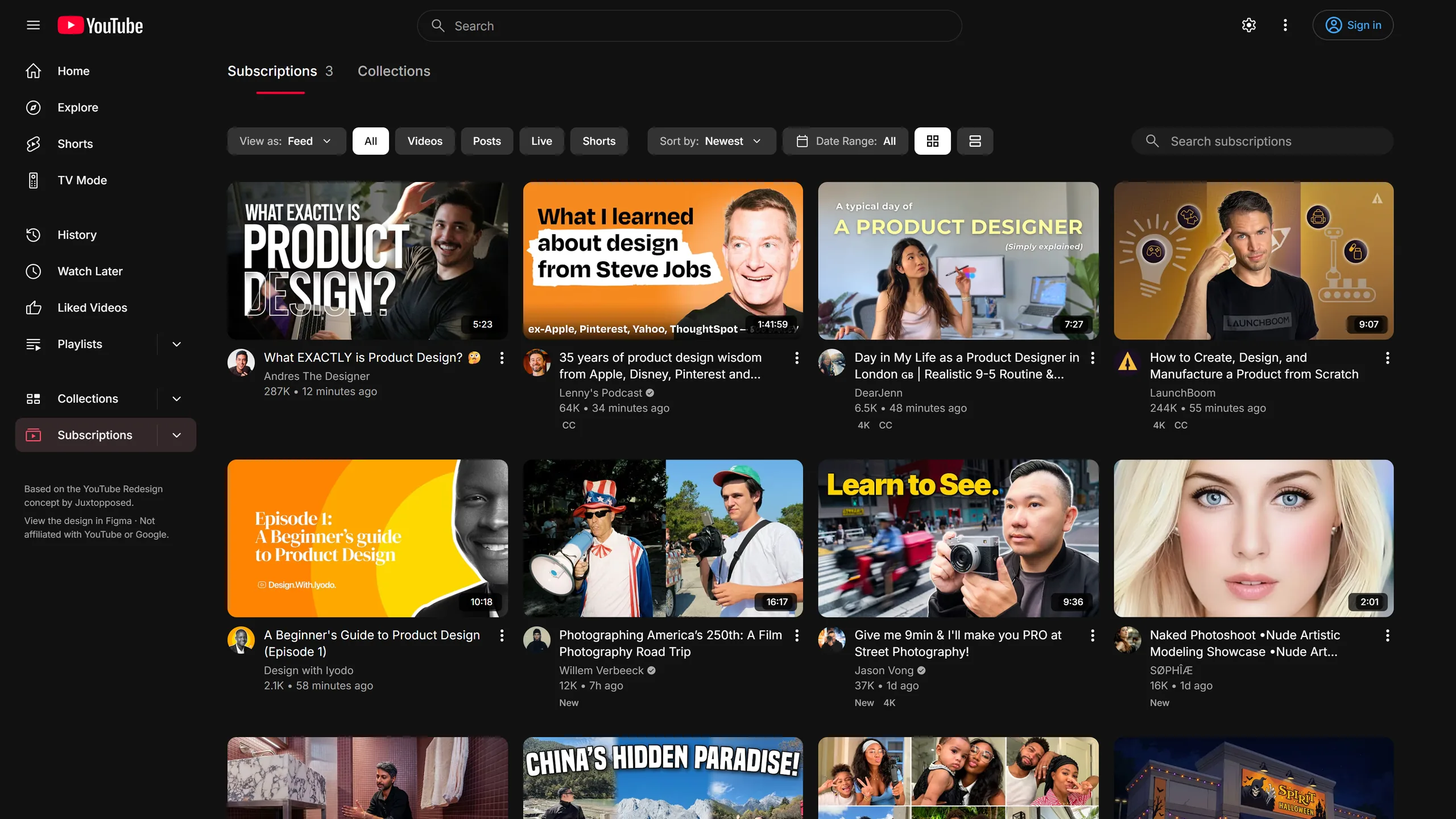 Classic feed: a plain grid of recent uploads from every subscription, newest first.