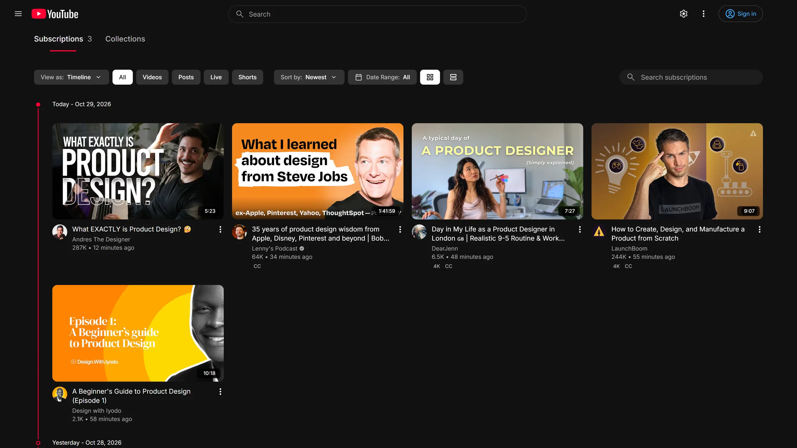 The Subscriptions timeline with the sidebar hidden, so the day groups use the full width.
