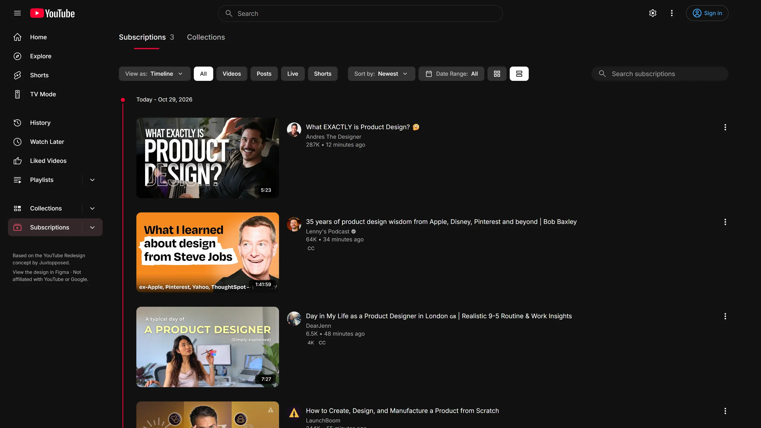 Timeline as a list: one row per upload under each day heading, with a red timeline line down the left.