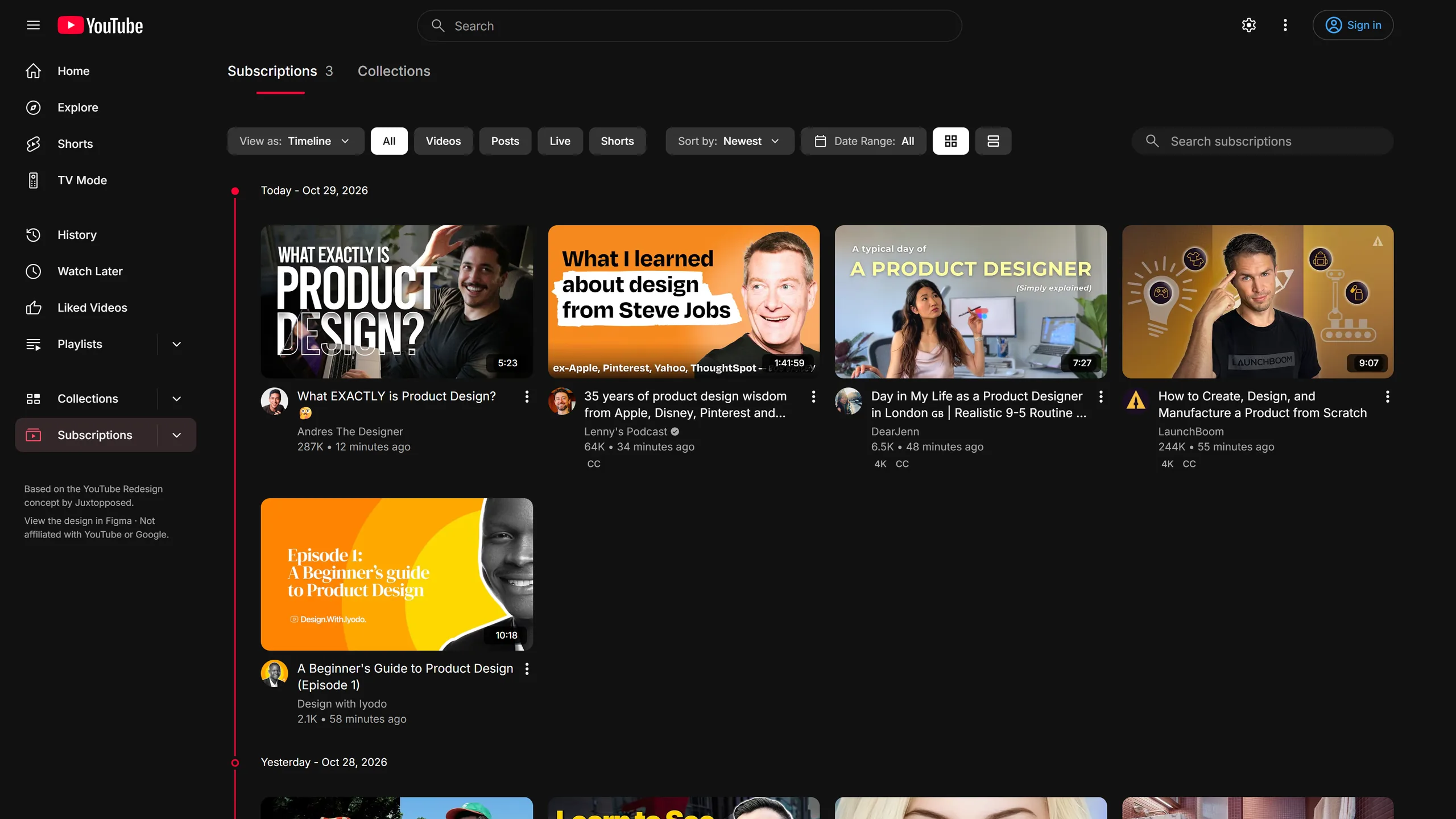 Reframe's Subscriptions timeline: uploads grouped under the day they appeared, starting with Today, below the View as, type, sort and date-range controls.