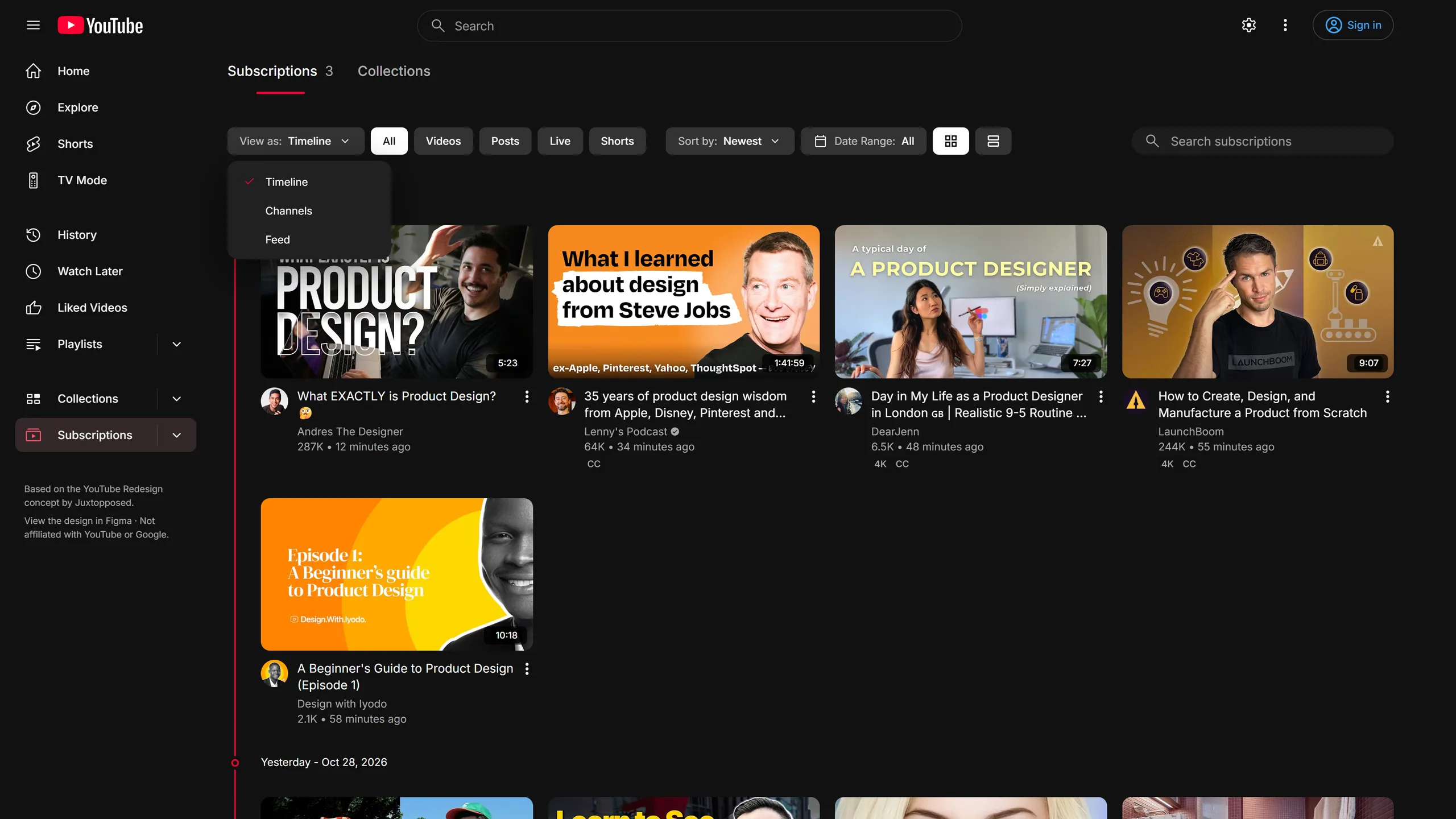 The View as menu open on Subscriptions, offering Timeline, Channels and Feed.