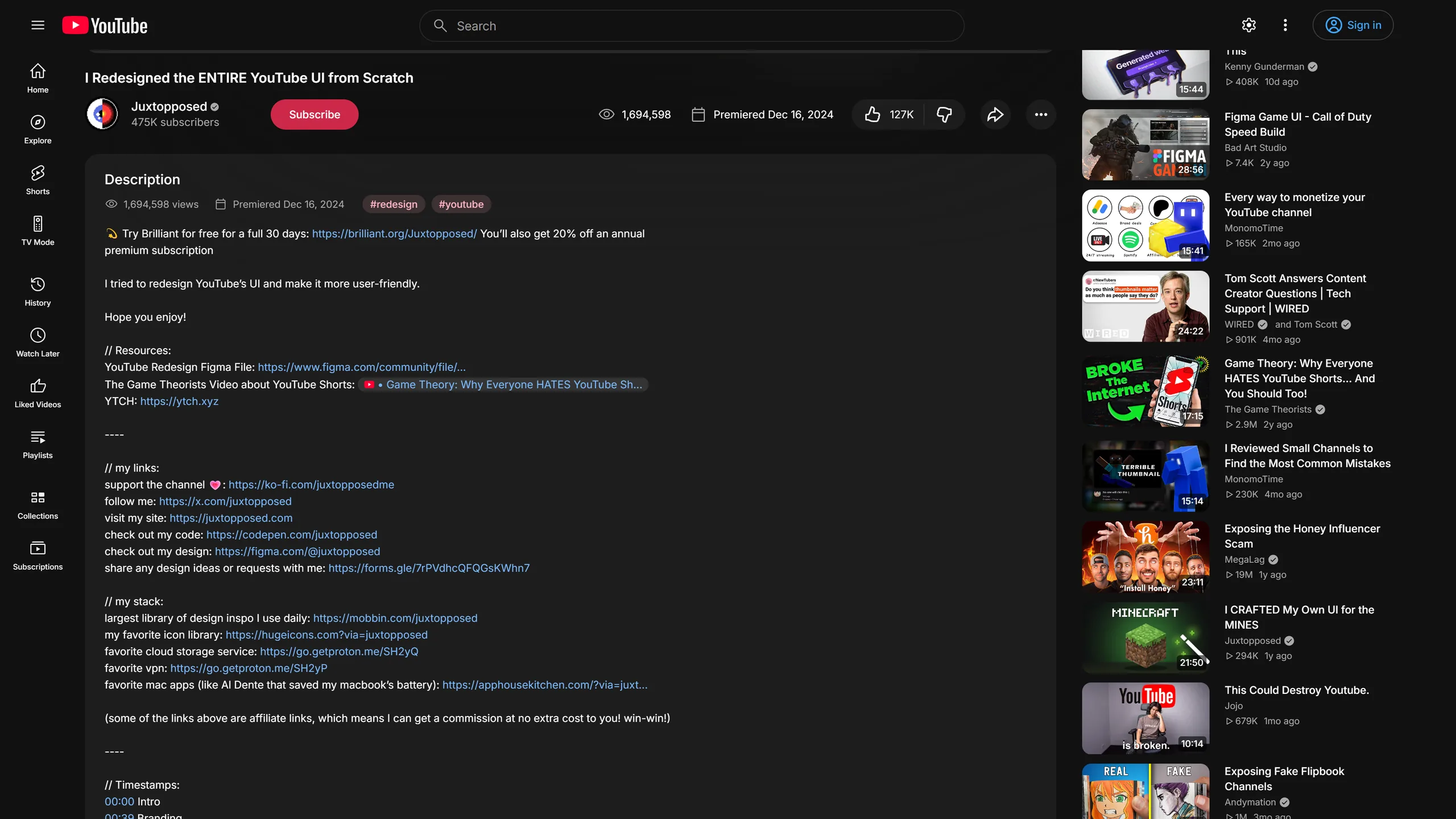 Reframe's watch page showing the same description in a clear panel, with the title, channel, Subscribe button and stats in a row above it. The sidebar is folded to an icon rail.