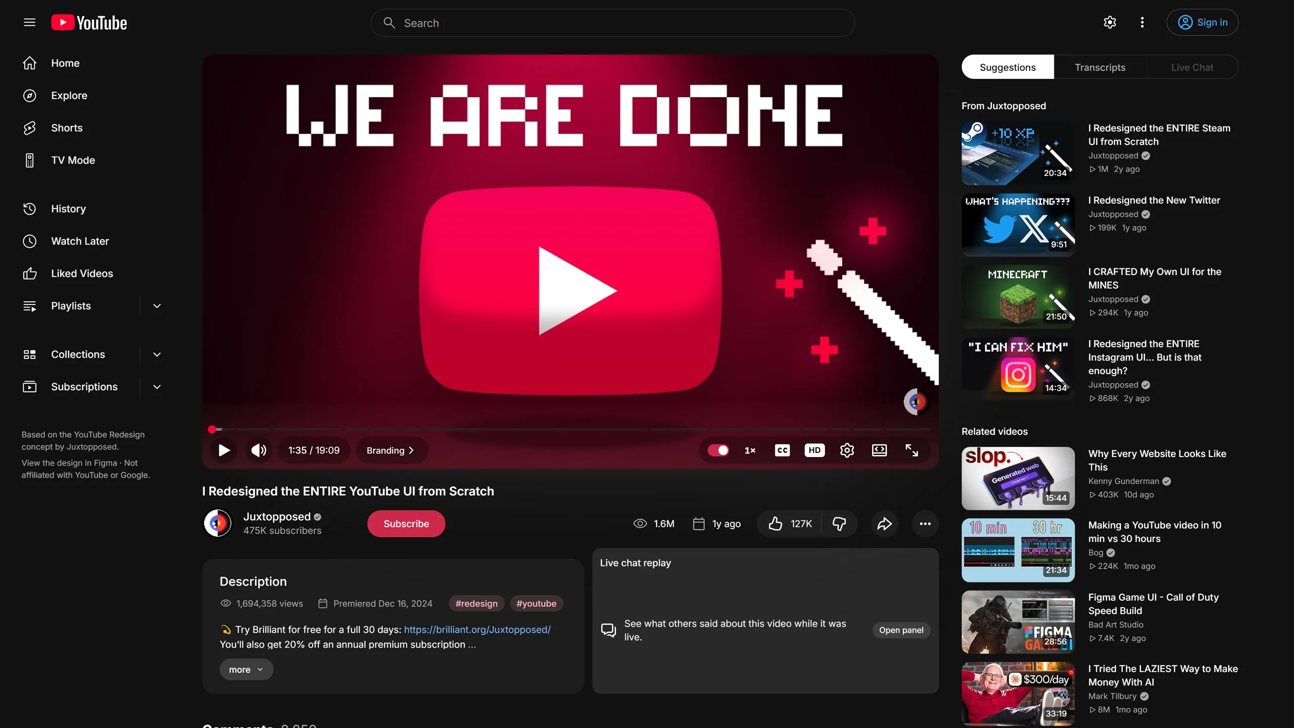 Reframe's watch page: a big player, with tabs for Suggestions, Transcripts and Live chat on the right and the title and channel under the player.