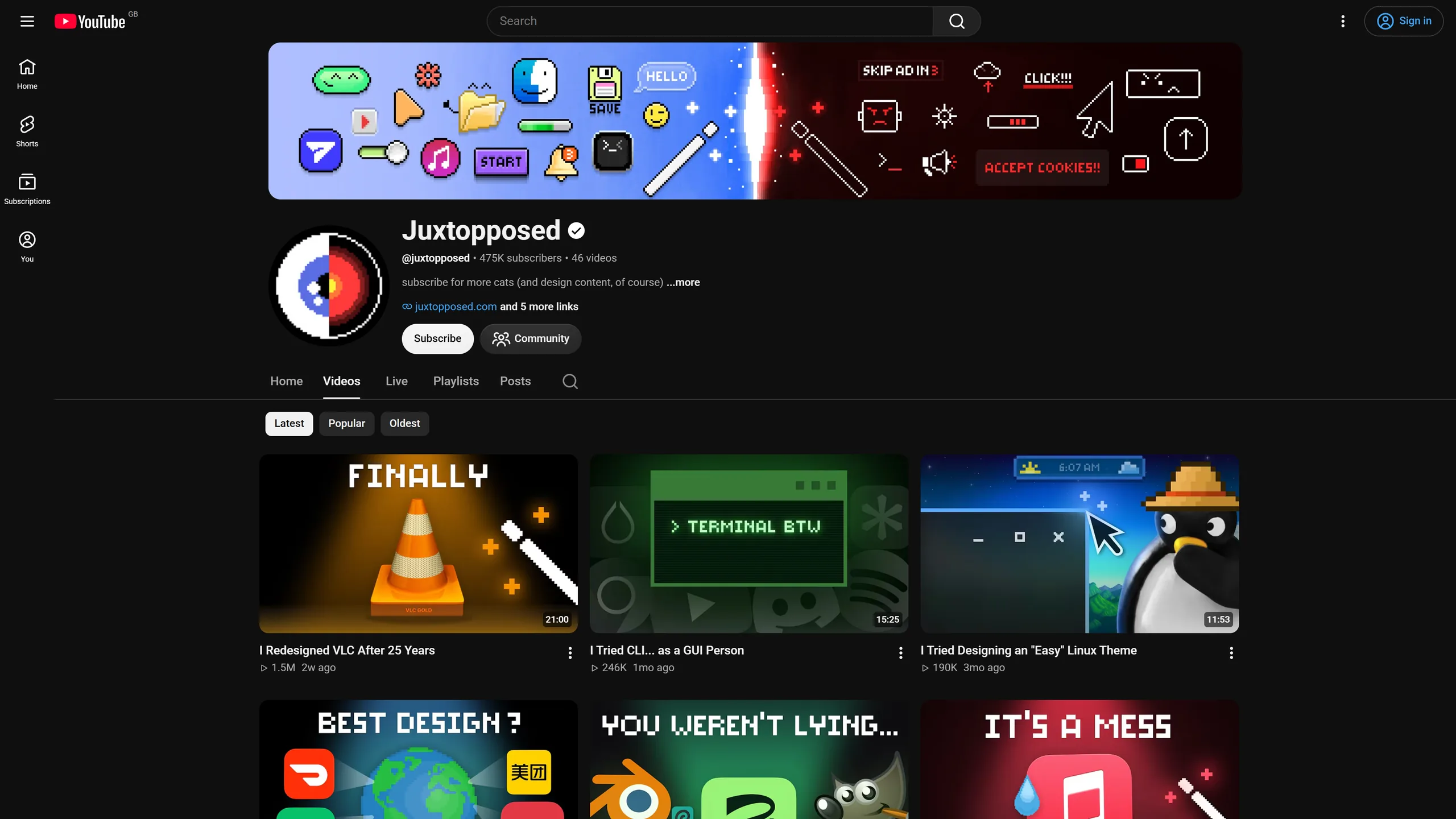 YouTube's channel page for Juxtopposed with the Videos tab: banner, channel details and a grid of videos.