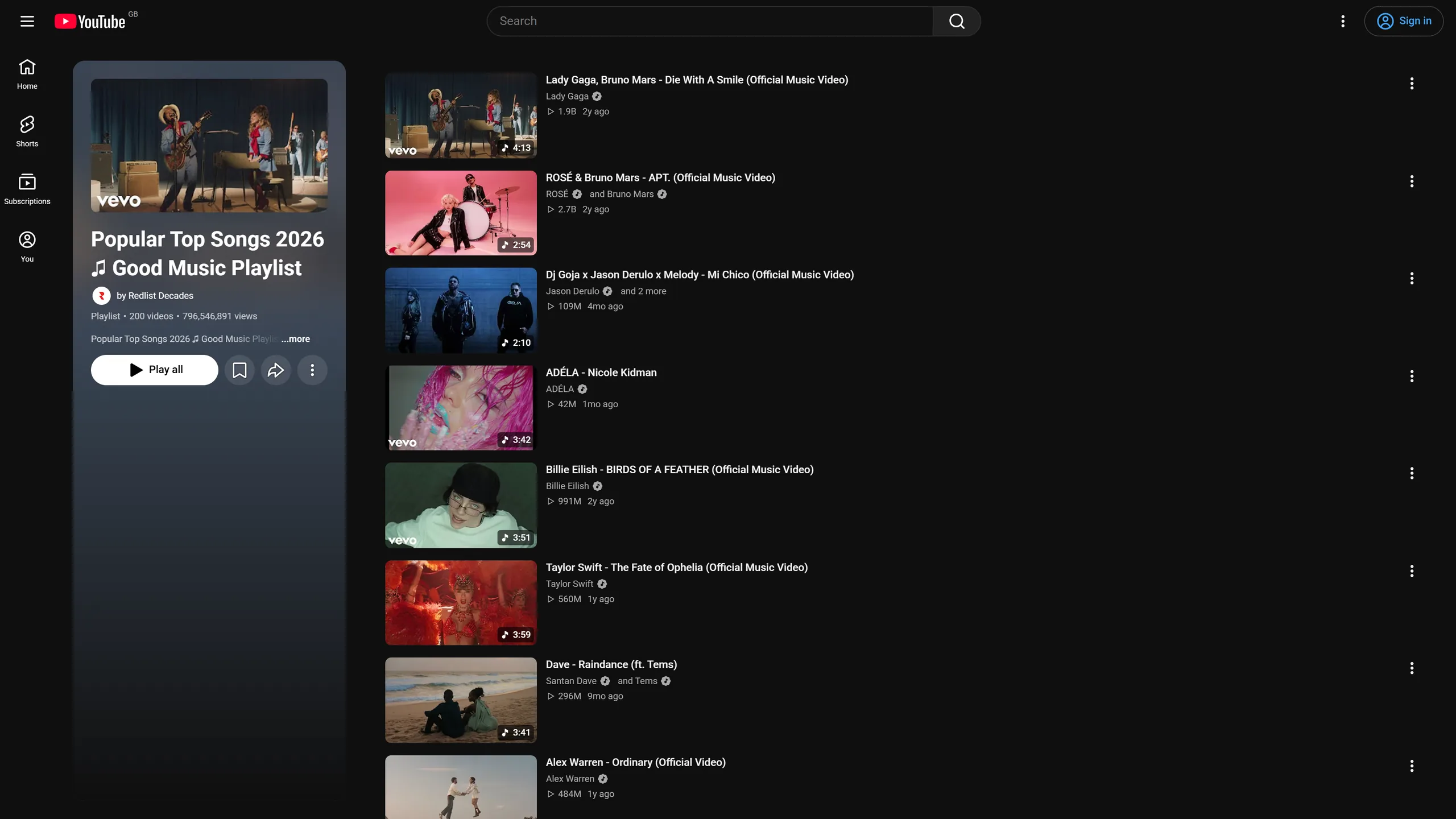 YouTube's playlist page: a tall cover panel on the left and a narrow list of videos on the right.