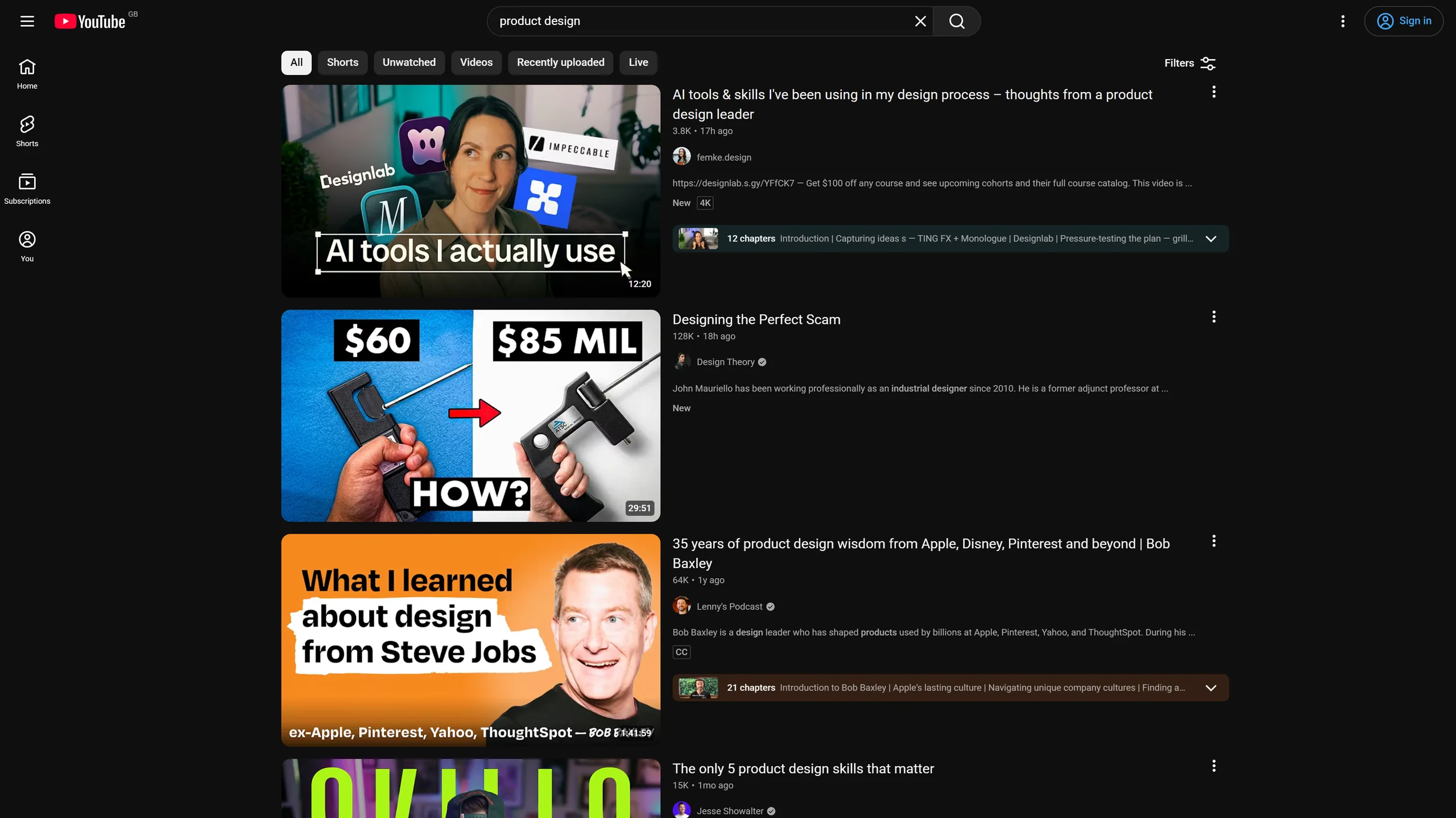 YouTube's search for 'product design': a row of chips and a Filters button, with the type, date and duration options hidden behind it.