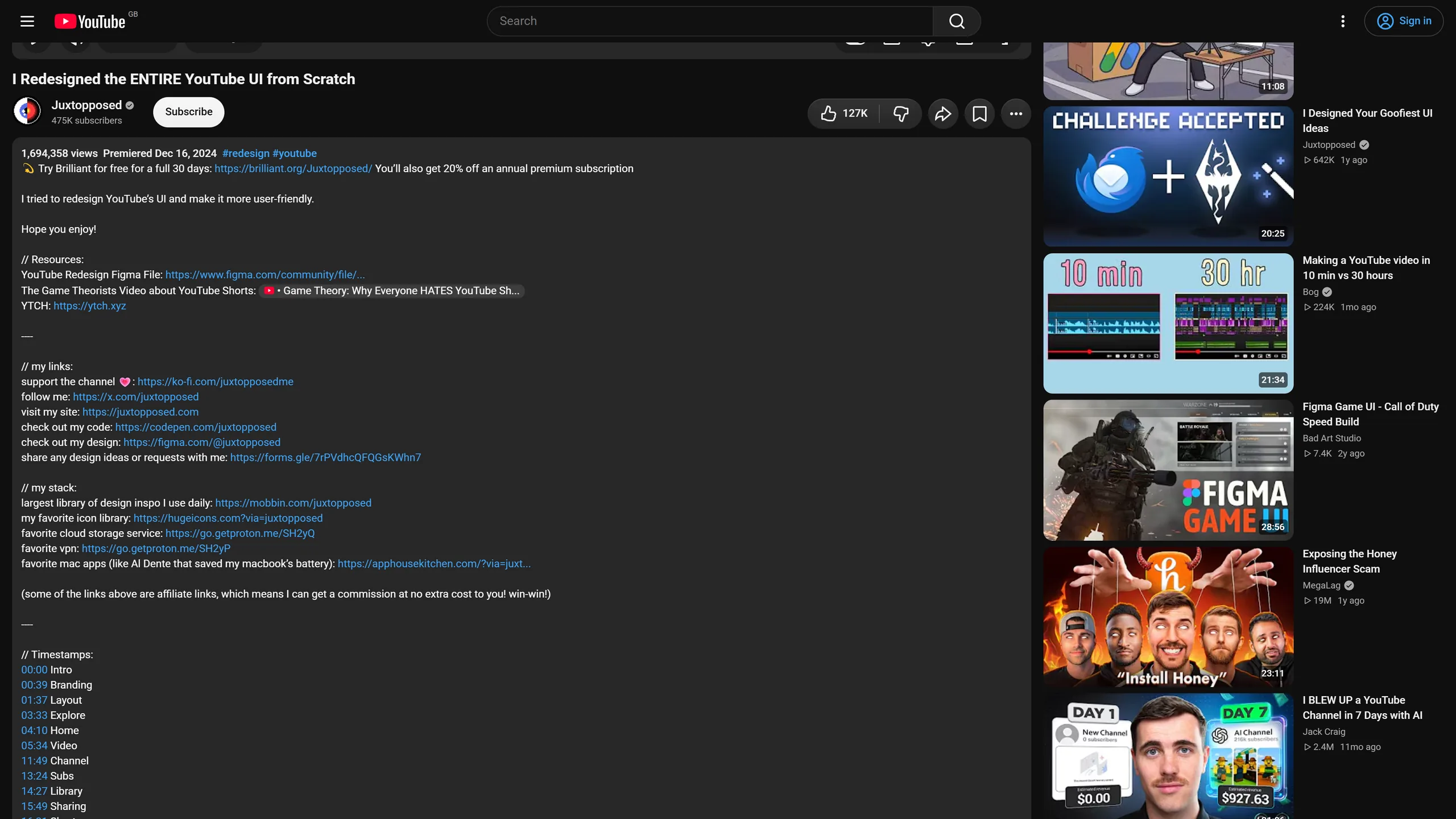 YouTube's watch page scrolled to the description: a long grey block of links and timestamps beside the suggestions column.